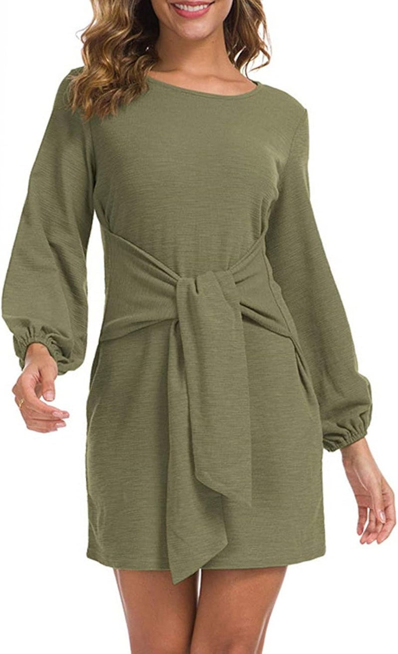 woobles Cocktail Dress, Tie Waist Stretchy Pure Color Long Lantern Sleeve Short Dress Crewneck Polyester for Dating XL - Image 5